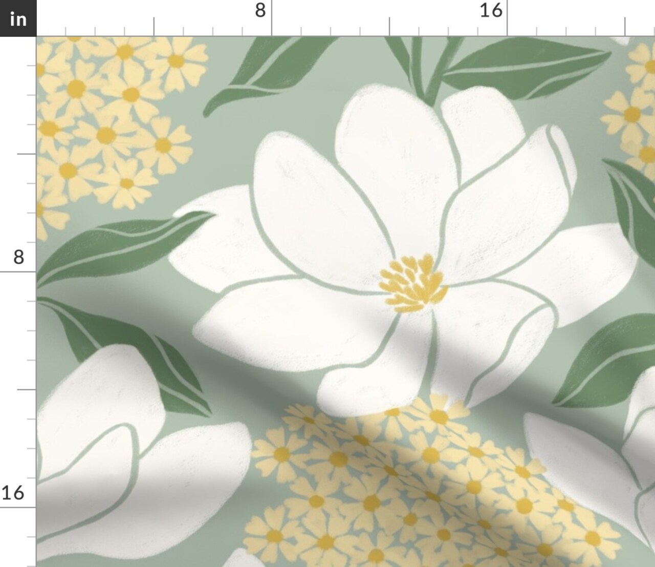 Oversized Floral Large Scale Sage Green Soft Mustard Southern Summer Flowers Custom Printed Fabric by Spoonflower Various Fabrics by the Yard or Fat Quarter